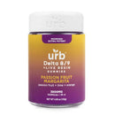 A bottle of Urb Delta 8/9 Gummies High Potency labeled "Passion Fruit Margarita" with a description of passion fruit, lime, and orange. The bottle contains 3500mg total, 100mg per piece, with 35 pieces.