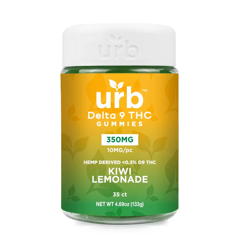 A container of Urb Delta 9 THC Gummies, crafted from legally grown American hemp. Kiwi Lemonade flavor, with 35 gummies totaling 350mg of hemp-derived Delta 9 THC (10mg per piece). Net weight: 4.69 oz (133g).