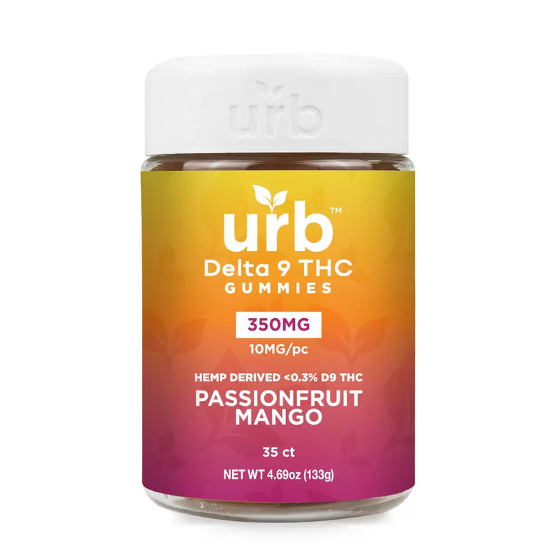 A container of Urb Delta 9 THC Gummies made from legally grown American hemp, featuring passionfruit mango flavor. It contains 35 pieces, each with 10mg of hemp-derived Delta 9 THC, totaling 350mg and a net weight of 4.69oz (133g).