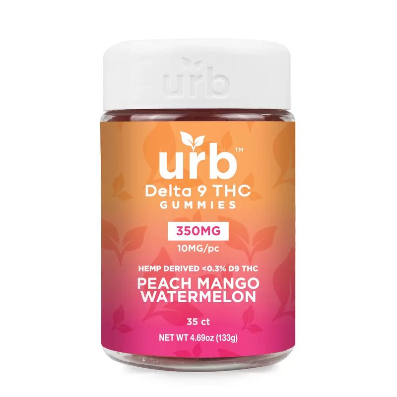 A jar of "Urb Delta 9 THC Gummies" in Peach Mango Watermelon flavor. Each gummy, made with hemp-derived Delta 9 THC from legally grown American hemp, contains 10mg of THC, with a total of 35 gummies per jar.