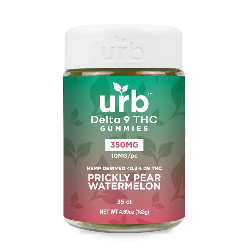 A bottle of Urb Delta 9 THC Gummies labeled Prickly Pear Watermelon, containing 350 mg total and 10 mg per piece, made from legally grown American hemp, with a net weight of 4.69 oz (133 g).