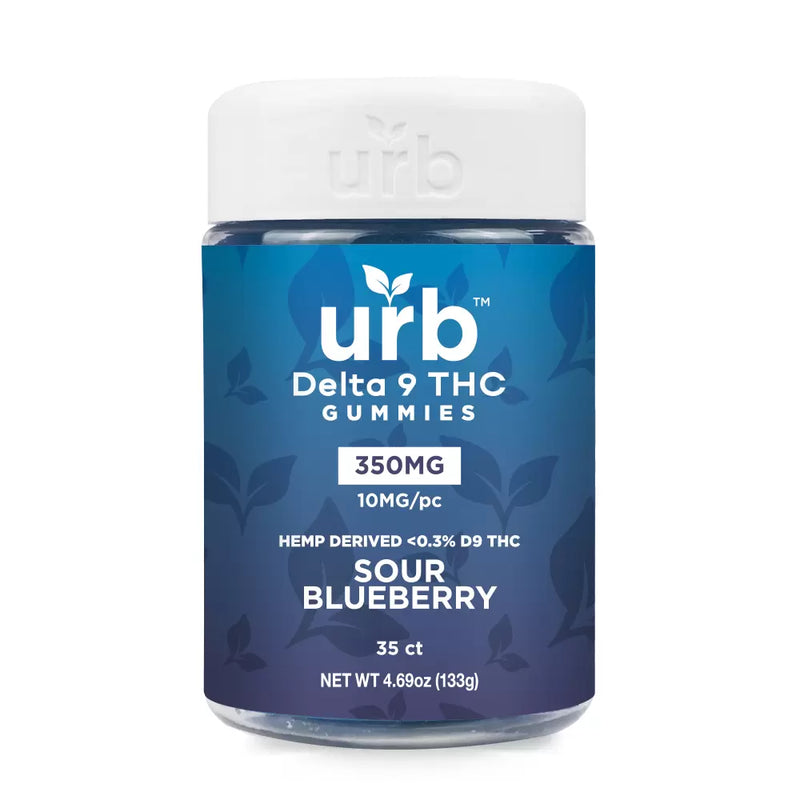 A container of Urb Delta 9 THC Gummies, sour blueberry flavor. The label indicates 350 mg total, 10 mg per piece, and 35 pieces per container. These hemp-derived Delta 9 THC gummies contain less than 0.3% D9 THC and are made from legally grown American hemp.