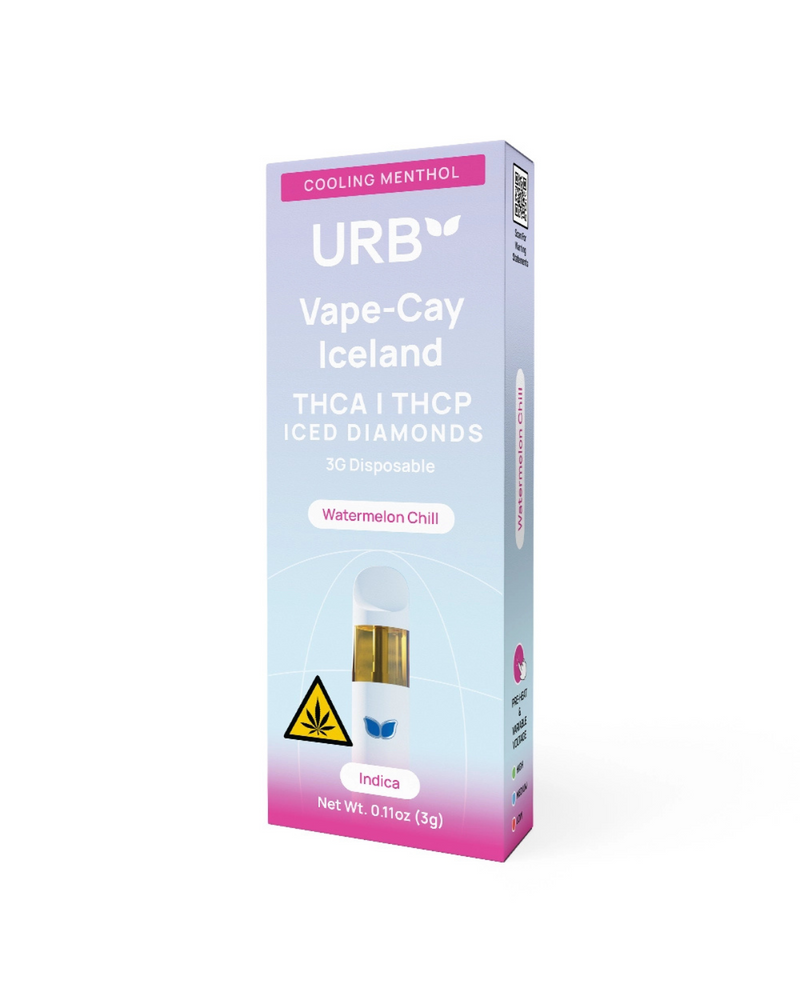 Discover the Urb 3g THC-A Iced Diamonds Disposable Vape in "Watermelon Chill." Infused with THC-A iced diamonds and fruity terpenes, this Indica strain delivers a refreshing menthol kick. Lightweight at 3g, it's perfect for those seeking a portable, chilled-out vibe.