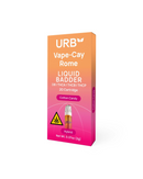 Urb's vibrant pink and orange package for the Vape-Cay Rome features a 2.2g Urb Liquid Badder cartridge with live resin, labeled "Cotton Candy" flavor. It prominently displays the hybrid symbol and cannabis warning icon.