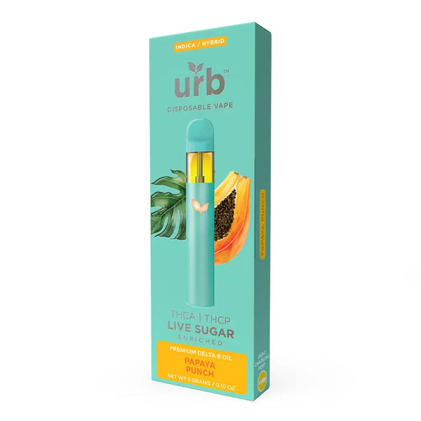 The Urb THCA Live Sugar Disposable | 3g in packaging labeled "urb" with "Papaya Punch" flavor, featuring Delta 8 THC and Live Sugar THCA. It boasts "THCA | THCp Live Sugar Enriched," and "Premium Delta 8 Oil." Branding indicates an Indica/Hybrid strain.