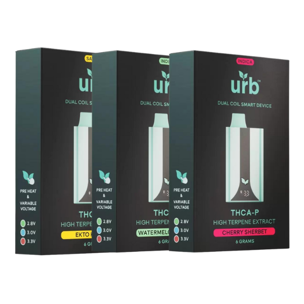 A display of three black Urb Smart Device THCA | THCP Disposable | 6g vape boxes in different flavors: Ecto, Watermelon Zkittlez, and Cherry Sherbet. Each box showcases features like dual coil and variable voltage, complemented by the richness of live resin extract.