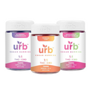 Three jars labeled "Urb 1:1 THC CBD Gummies" by Urb in flavors Blueberry Pomegranate, Tropical Lush, and Dragonfruit Kiwi Watermelon, each containing 750mg and 25 count of gummies, promise an uplifted and euphoric experience along with calming and relaxing effects.