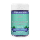 A container of Urb THCA Live Sugar Gummies | 5000mg in Sour Blueberry flavor, labeled as "Super Potent" with 5000mg of THC, THCP, D8, and D9, containing 200mg of cannabinoids per piece. These gummies are crafted with premium cannabis extract for an intense experience.