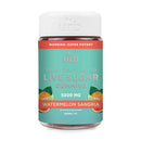 A jar of Urb brand "THCA Live Sugar Gummies" in Watermelon Sangria flavor, boasting 5000 mg potency. The label highlights THCA Live Sugar, THCP, D8, and D9 cannabinoids and warns of super potency.