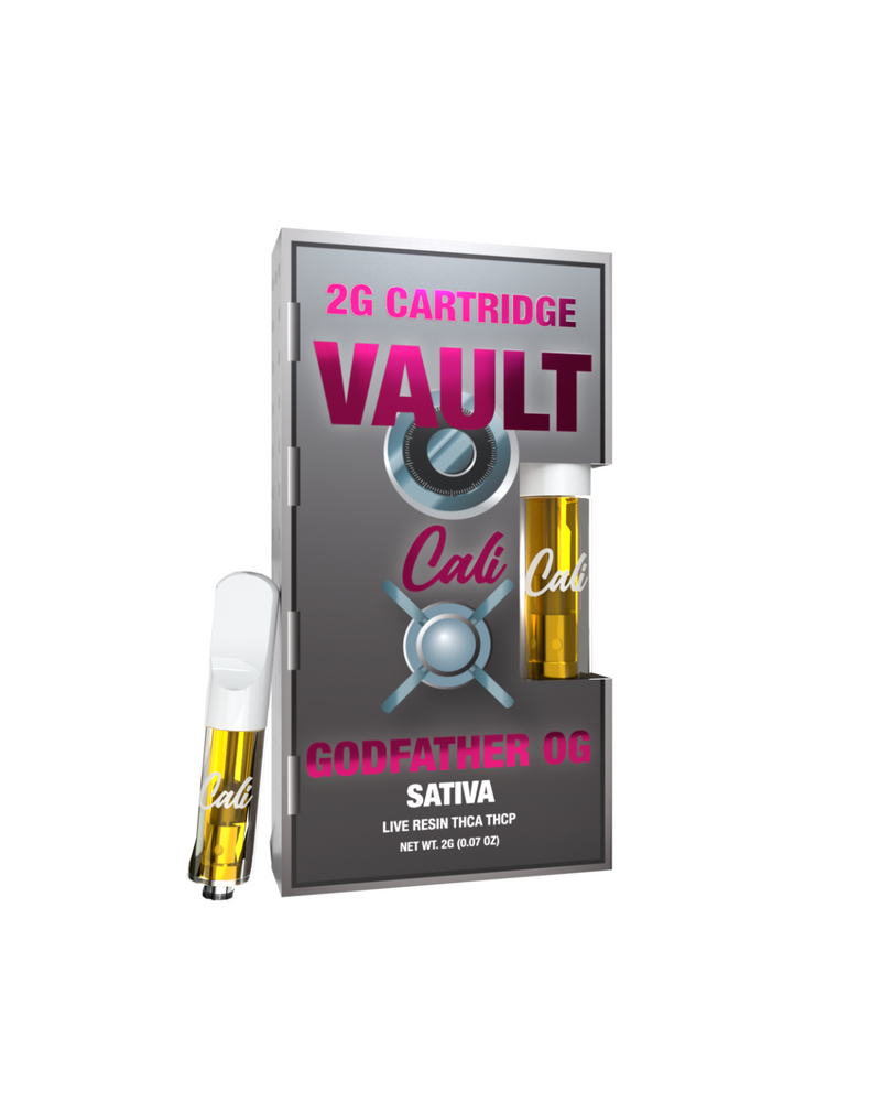 Box containing a 2G Cali Extrax Vault THCA Cartridge labeled "Godfather OG Sativa," featuring live resin with THCA and THCP, all third-party tested for quality assurance.