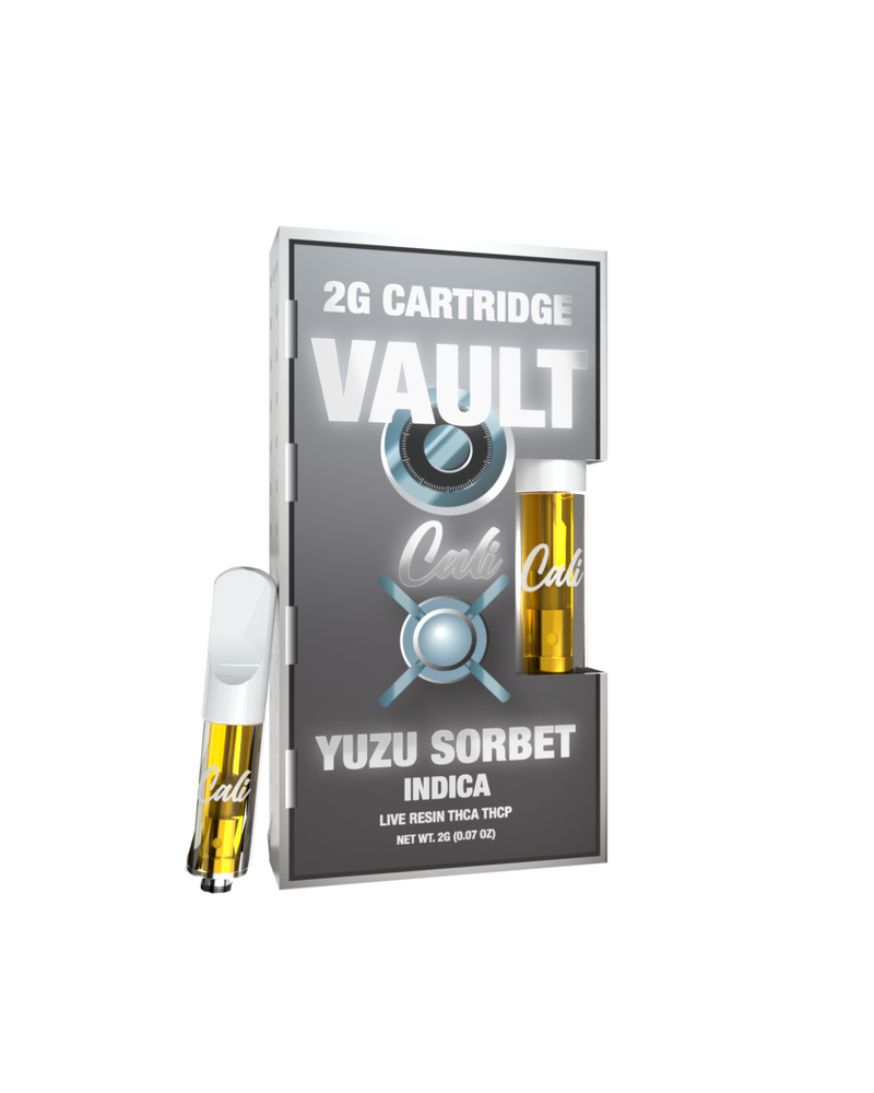 The image features a Cali Extrax product box containing a Vault THCA Cartridge, which includes a pen-like device and boasts the 2g Yuzu Sorbet Indica flavor. This premium selection is enhanced with live resin and enriched with THCP for an elevated experience. Net weight: 2g (0.07 oz).