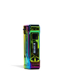 A metallic, rainbow-colored Wulf Mods UNI Pro Adjustable Cartridge Battery by Wulf Mods features a digital screen with "3.0V" and battery level, ideal as an adjustable cartridge vaporizer and portable box mod.