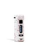 The Wulf Mods UNI Pro Adjustable Cartridge Battery by Wulf Mods, a white vaporizer with a red splatter design, stands upright against a white background, displaying "3.0V" on its screen and featuring control buttons.