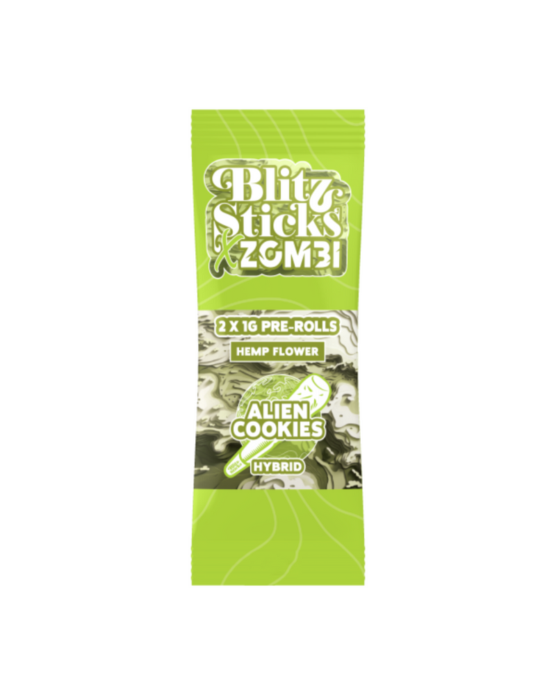 The Zombi Blitz Sticks feature green packaging containing two 1g THCP pre-rolls of Alien Cookies hybrid hemp flower.