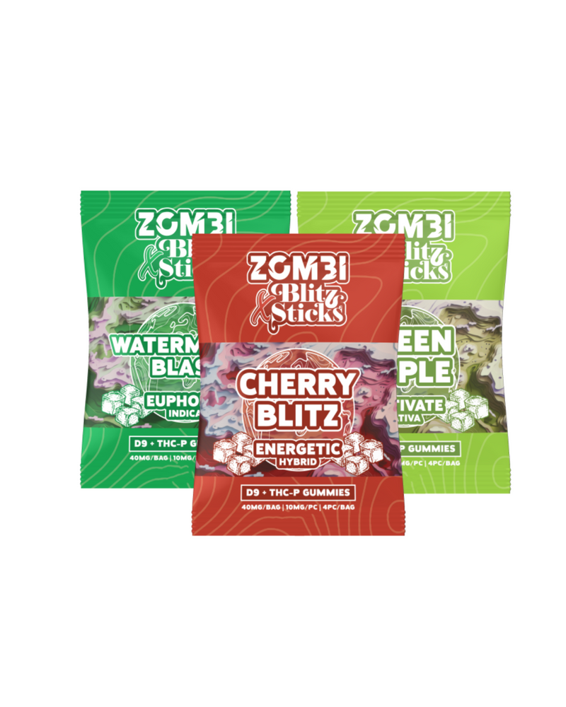 Three packages of Zombi Blitz Sticks Delta 9 & THCP Gummies in the flavors: Watermelon Blazer, Cherry Blitz, and Green Apple.