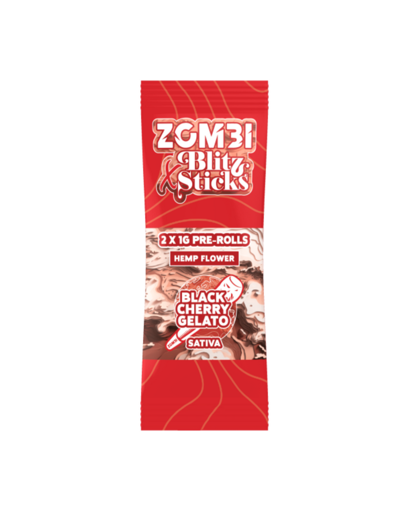 Discover Zombi Blitz Sticks Pre-Rolls by Zombi, featuring 2 x 1g THCP prerolls in bold red packaging. Made from premium hemp flower with Black Cherry Gelato flavor, these prerolls promise a vibrant Sativa experience.