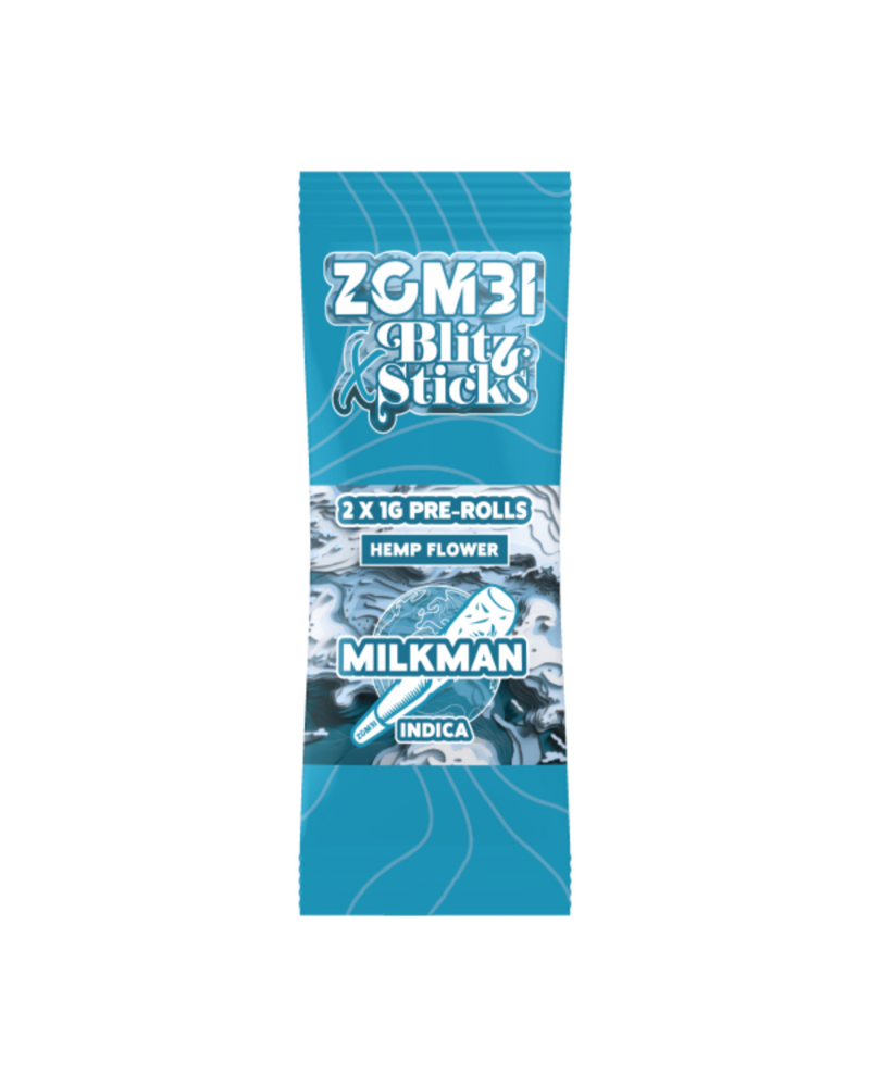 The Zombi Blitz Sticks Pre-Rolls feature blue packaging and include 2 x 1g pre-rolls of indica hemp flower. Infused with Black Cherry Gelato essence, these THCP prerolls offer a unique, relaxing experience.