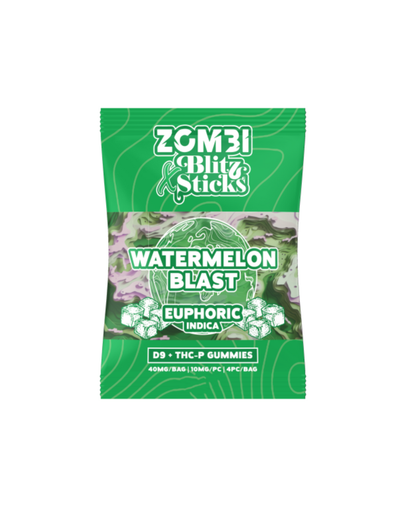 The Zombi Blitz Sticks Delta 9 & THCP Gummies come in vibrant green packaging labeled "Watermelon Blast," offering a euphoric hemp gummy experience with 40mg of Delta 9 THC-P indica gummies.