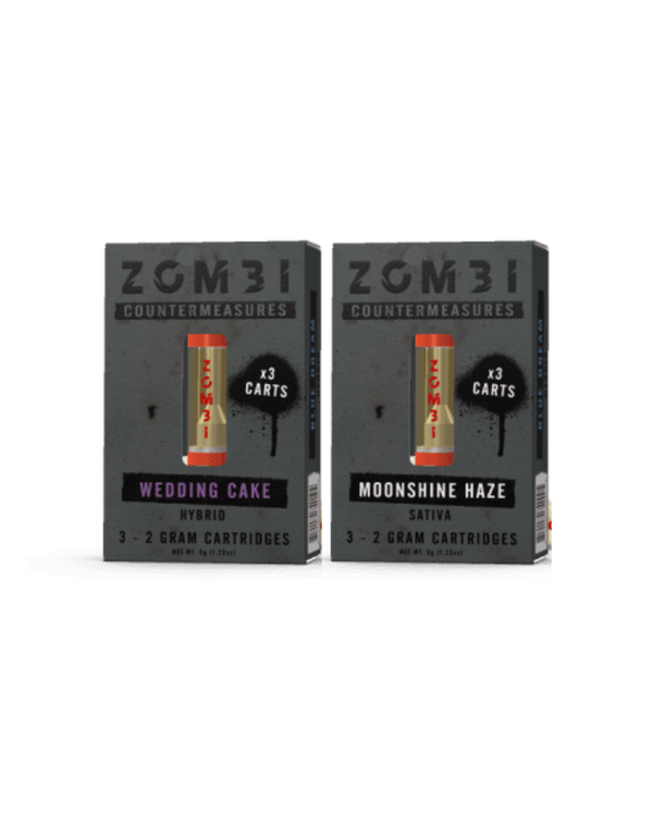 Two boxes of Zombi Countermeasures Triple Cartridges, Wedding Cake (Hybrid with THC-H) on the left, and Moonshine Haze (Sativa) on the right. Each box contains 3 cartridges totaling 6 grams for a powerful experience.