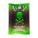 The green package labeled "Zombi Death Drops Gummies | 2ct," featuring a skull and crossbones, highlights the "Poison Apple" flavor and promotes a unique THC Blend with Delta-6 THC-P live resin hemp gummies by Zombi.