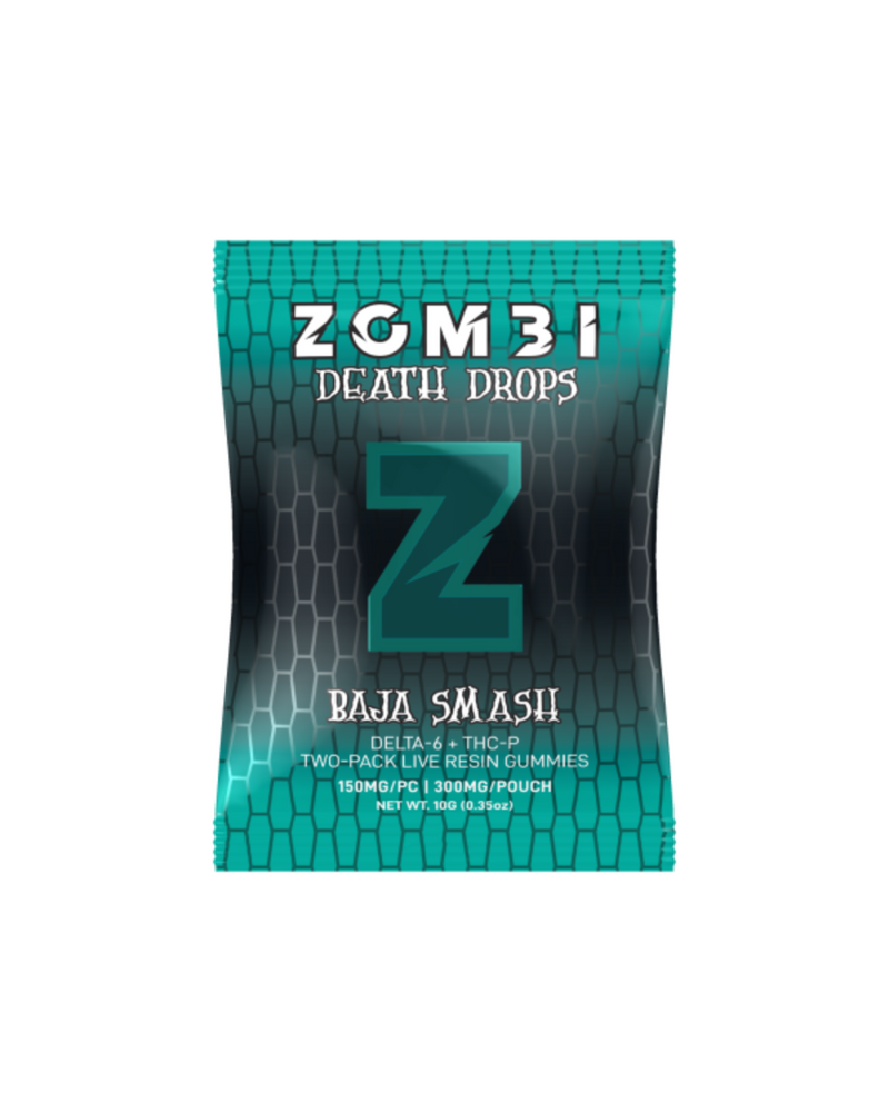 The Zombi Death Drops Gummies | 2ct, branded as "Baja Smash," showcase a green and black design with a bold "Z." Each hemp gummy contains a powerful THC mix, including Delta 8 and THC-P at 150mg per gummy, totaling 300mg per pouch.