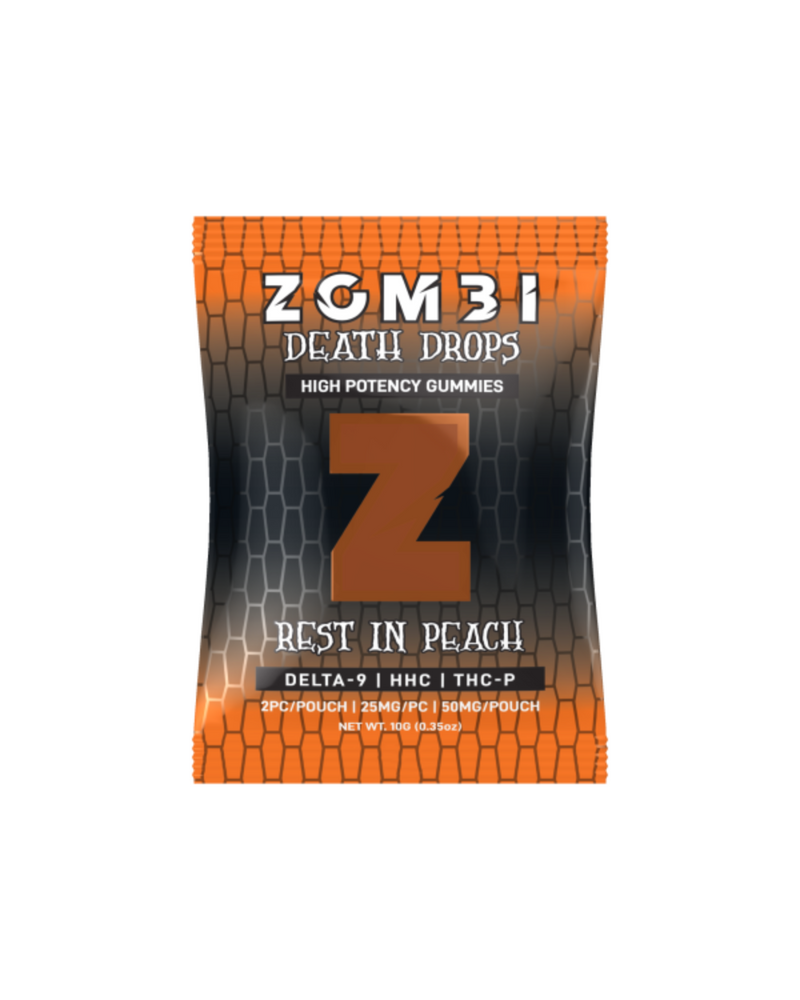 Orange and black packaging for "Zombi Death Drops Gummies | 2ct" features "Rest in Peach, High Potency Hemp Gummy," infused with a potent THC blend including Delta-9, HHC, and THC-P for an out-of-this-world experience.