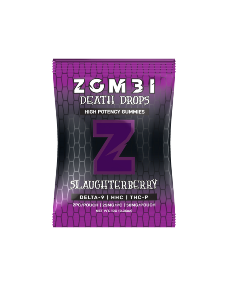 The Zombi Death Drops Gummies (2ct) packaging highlights the "Slaughterberry" flavor and provides details on Delta-9, HHC, THC-P content, and potency per pouch and piece. It's a potent THC blend designed for a unique experience.