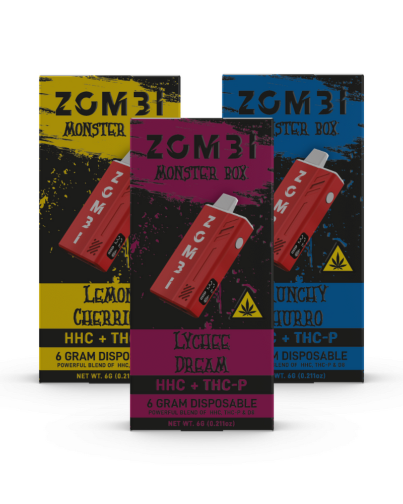 Three Zombi HHC Monster Boxes, each with a disposable vape pen, showcase flavors like Lemon Cherry, Lychee Dream, and Crunchy Churro. Each offers 6g of HHC + THC-P with a Delta 8 twist for an exhilarating experience.