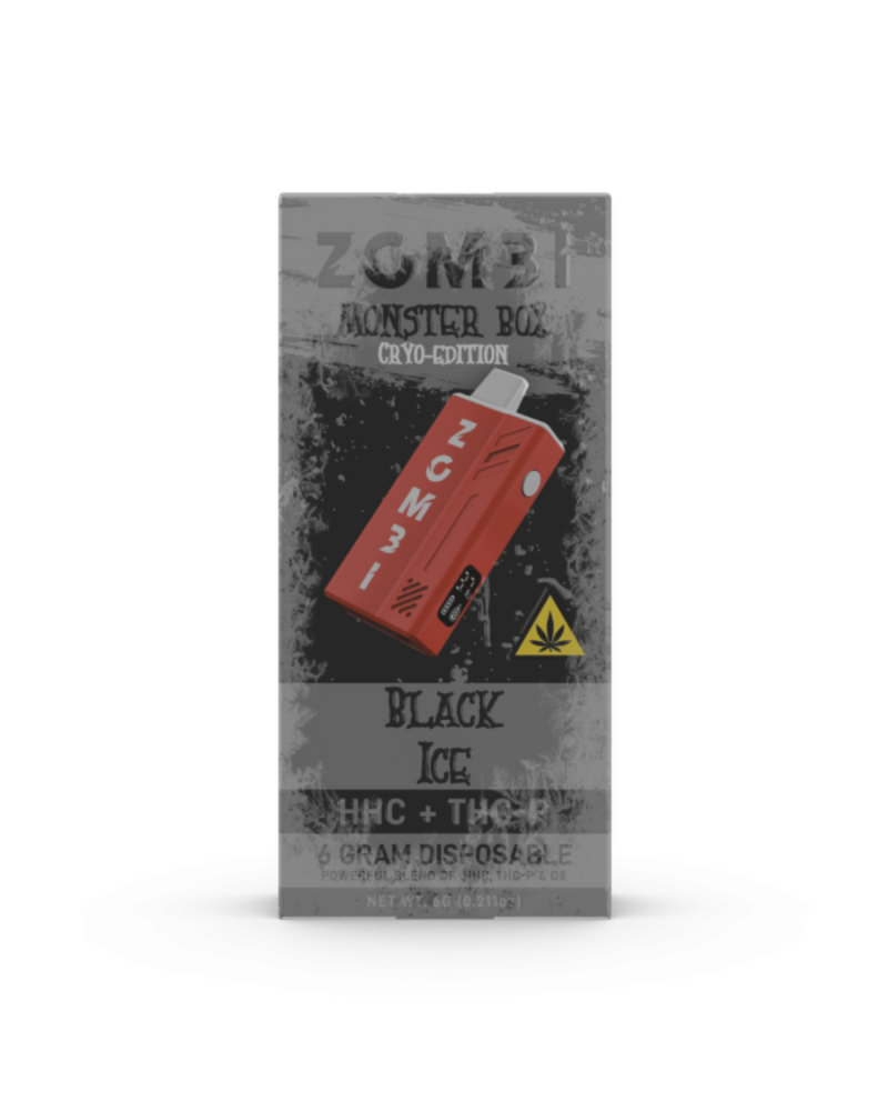 Explore the Zombi HHC Monster Box Disposable | 6g, Cryo-Edition in Black Ice flavor. This stylish vape pen includes a red device illustration and cannabis symbol on a gray background, offering HHC and THC-P for an enhanced experience.