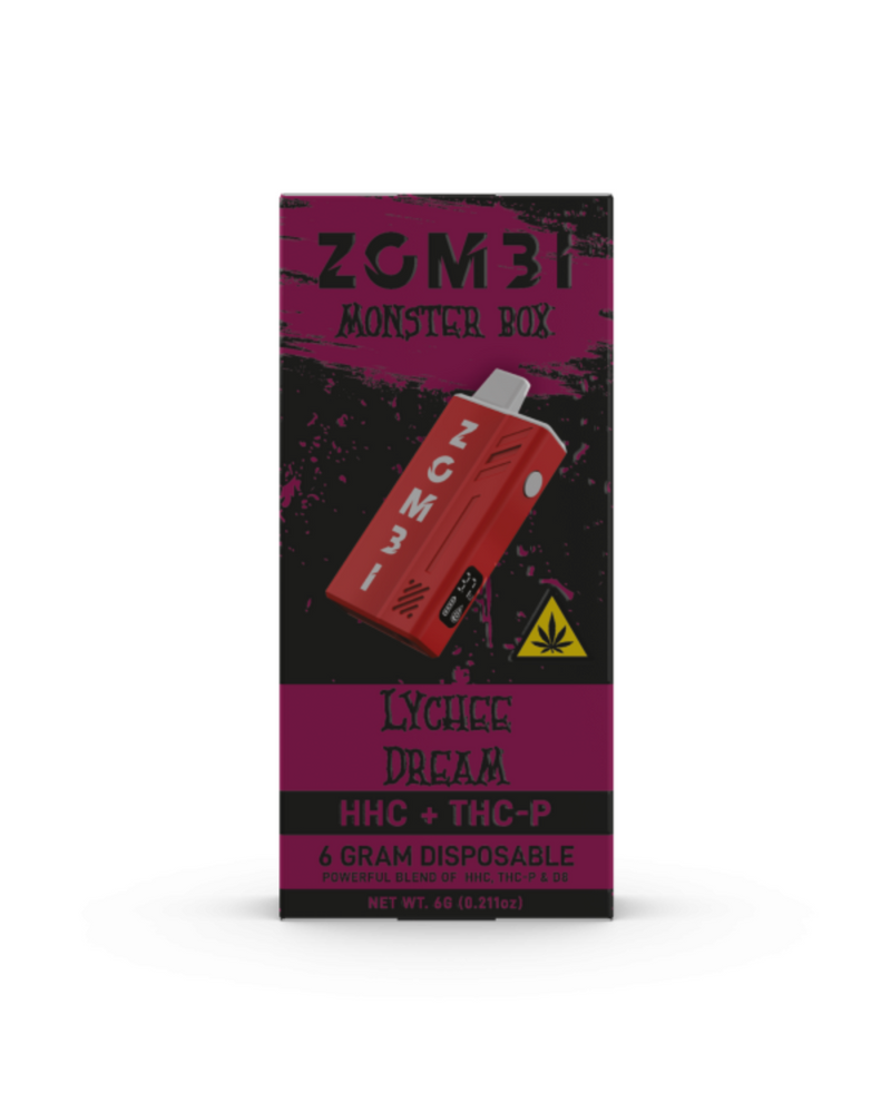 Enjoy the ultimate indulgence with the Zombi HHC Monster Box Disposable 6g featuring Lychee Dream and Delta 8, packed with HHC and THC-P. It includes essential safety warning symbols for your protection.