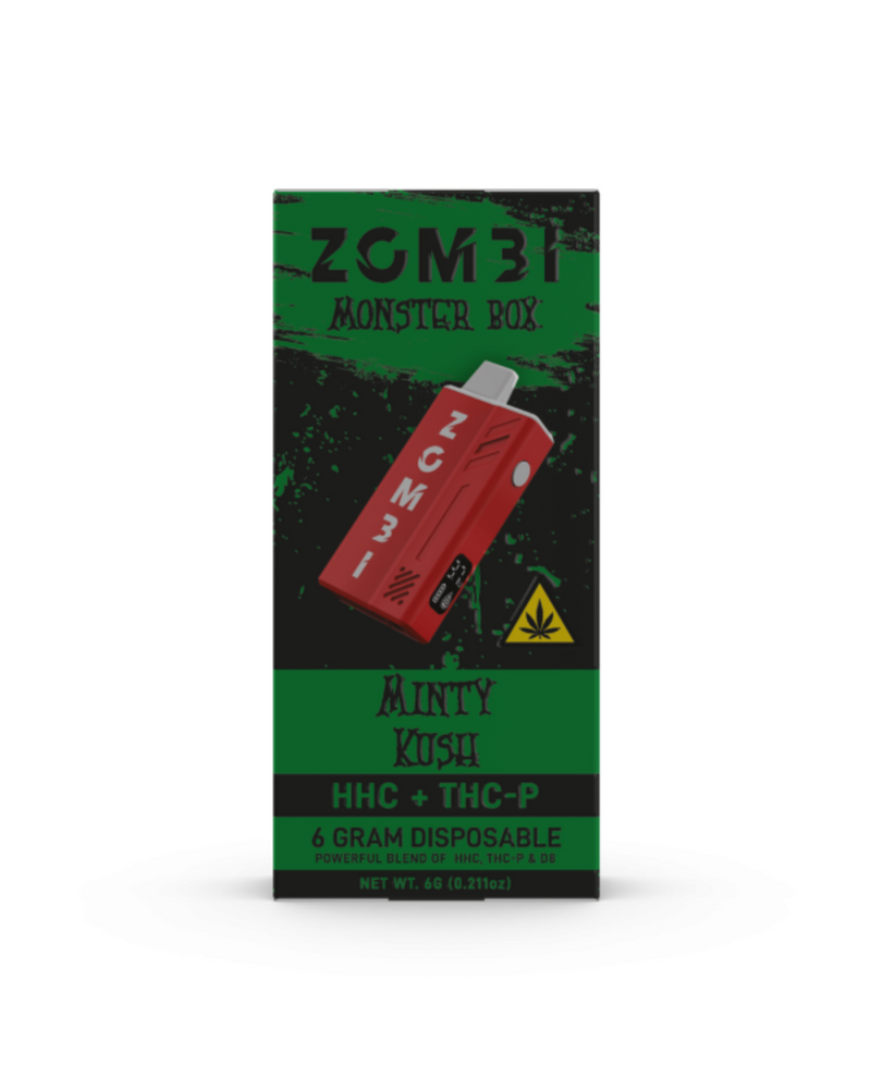 The Zombi HHC Monster Box Disposable in "Minty Kush" combines THC-P and Delta 8, comes in a red device with green and black packaging featuring a cannabis leaf, and has a net weight of 6 grams.