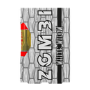 A rectangular package with a stone pattern design labeled "Zombi Live Badder Vape Cartridges | 2g," featuring a small red stripe, a yellow container on the side, and infused with Delta 8 THC.