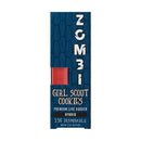 A blue rectangular packaging labeled "Zombi" with text "Zombi Live Badder Disposable | 3.5g, Delta 8 THC, Hybrid," and a red square button in the middle.