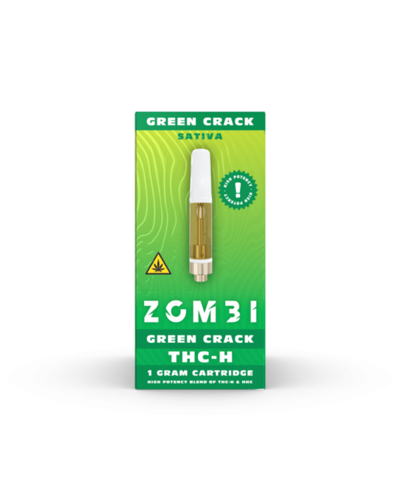 Zombi THC-H Vape Cartridge, 1g, features a sleek green design with prominent cannabis warnings and crisp white highlights.