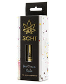 A white box labeled "3Chi" with a confetti design contains a 1g 3Chi Delta 8 Vape Cartridge in the "Ice Cream Cake" flavor. There is a black section showcasing the brand logo.