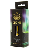 Packaging for a 3Chi Delta 8 Vape Cartridges | 1g labeled "Northern Lights." The box features an aurora borealis design and contains 1 milliliter of product.