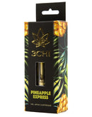 A 3Chi Delta 8 Vape Cartridges | 1g by 3Chi in Pineapple Express flavor. The packaging features pineapples and a floral design with a viewing window showing the cartridge inside.