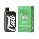 A black vape pen labeled "Cali Extrax" is next to a green box with the same branding. The box reads "Cali Extrax Level Up Blend Disposable | 5g" and "Cherry Moon Pie" along with product details, highlighting its live resin terpenes for an enhanced flavor experience.