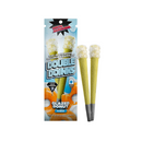 Packaging for "Delta Munchies THC-A Diamond Infused Prerolls | 2pk" in glazed donut flavor. Two Delta Munchies THC-A diamond-infused prerolls are shown alongside the package. The product, made with premium hemp, is labeled as a hybrid.