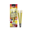 Image of Delta Munchies THC-A Diamond Infused Prerolls | 2pk packaging with two premium hemp prerolls beside it. The package is red and yellow with images of cherries and lemons, showcasing Delta Munchies' diamond-infused joints.