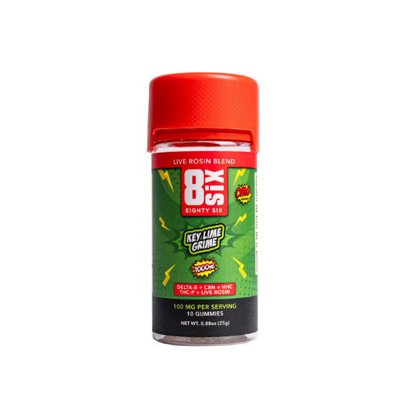 A container of Eighty Six Brand Live Rosin Gummies in a Key Lime Grime flavor. The label highlights the live rosin blend, with each serving containing 100 mg of Delta 8 THC. The container features a red cap and a green label, ensuring it stands out on any shelf.