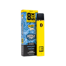 A bright yellow Eighty Six Brand THC-P Disposables | 2g with black accents, branded "Eighty Six Brand," is next to its blue and yellow packaging box. The box text includes "Hybrid," "White Runtz," "Push Pop," and "2 grams of THC-P distillate.