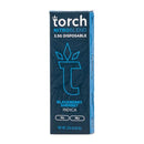Image of the Torch Nitro Blend THC-A Disposables product packaging by Torch. The box is blue and dark themed, labeled "Blackberry Sherbet Indica," indicating it contains THC-P and HHC, with a net weight of 3.5g.