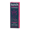 Image of Torch Nitro Blend THC-A Disposables 3.5g packaging labeled "Unicorn Milk Indica." The box is primarily dark with pink highlights and a stylized "T" logo on the front, featuring potent ingredients like THC-P for an enhanced experience.