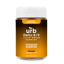 A jar of Urb Delta 8/9 Gummies High Potency by Urb labeled "Voodoo Sunrise." The jar contains 35 high potency gummies with a total of 3500mg, 100mg per piece. The label warns "Extra Potent.