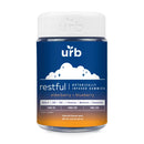 A jar of Urb Restful Botanically Infused Gummies by Urb, flavored with elderberry and blueberry. Contains Delta 9 THC, CBD, CBN, L-theanine, melatonin, and chamomile. 30 pieces per jar, 4.23 oz in total.